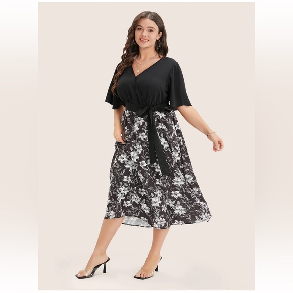 BloomChic Plus Size Floral Patchwork Pocket Belt Surplice Neck Ruffle Hem Dress - Picture 8 of 9